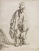 Rembrandt, Beggar in a high cap,Standing and Leaning on a stick